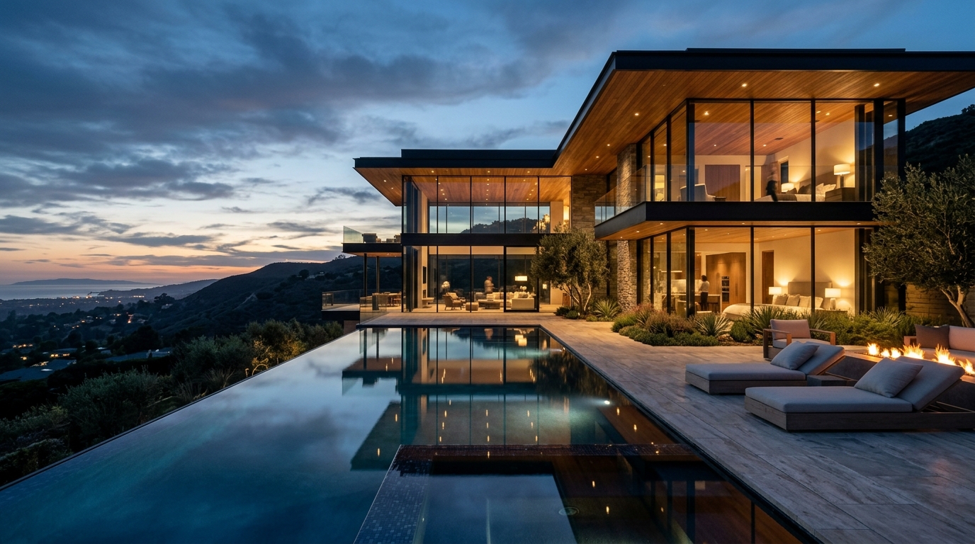 Luxury home at twilight with infinity pool