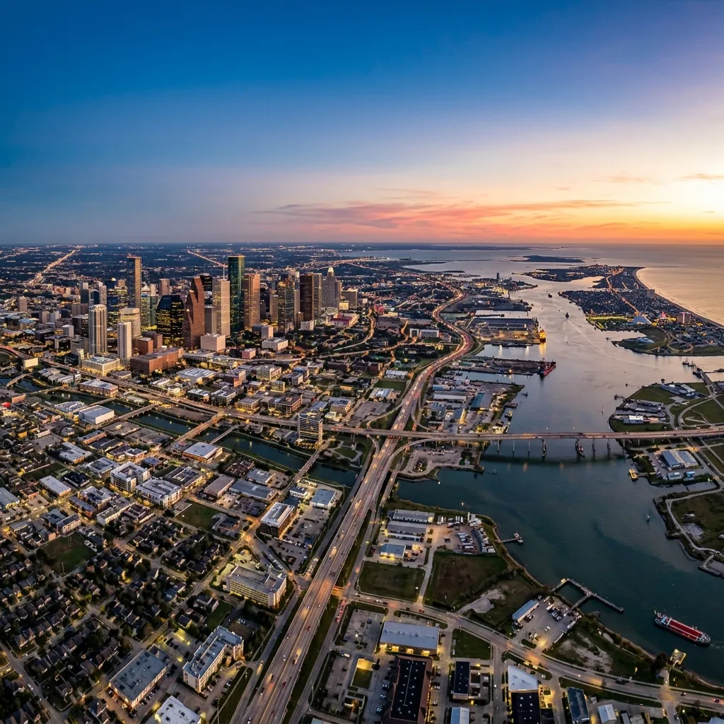 Aerial view of Houston and Galveston Bay coastline
